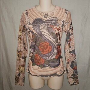Y2k Tattoo Style Graphic Sheer‎ Long Sleeve Top